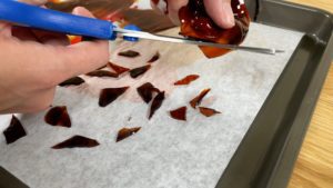 cut random shapes of jelly for Stained Glass Jelly Cake