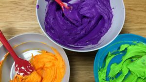 bright neon buttercram frosting colours Halloween Cake With Gold Buttercream Pumpkins