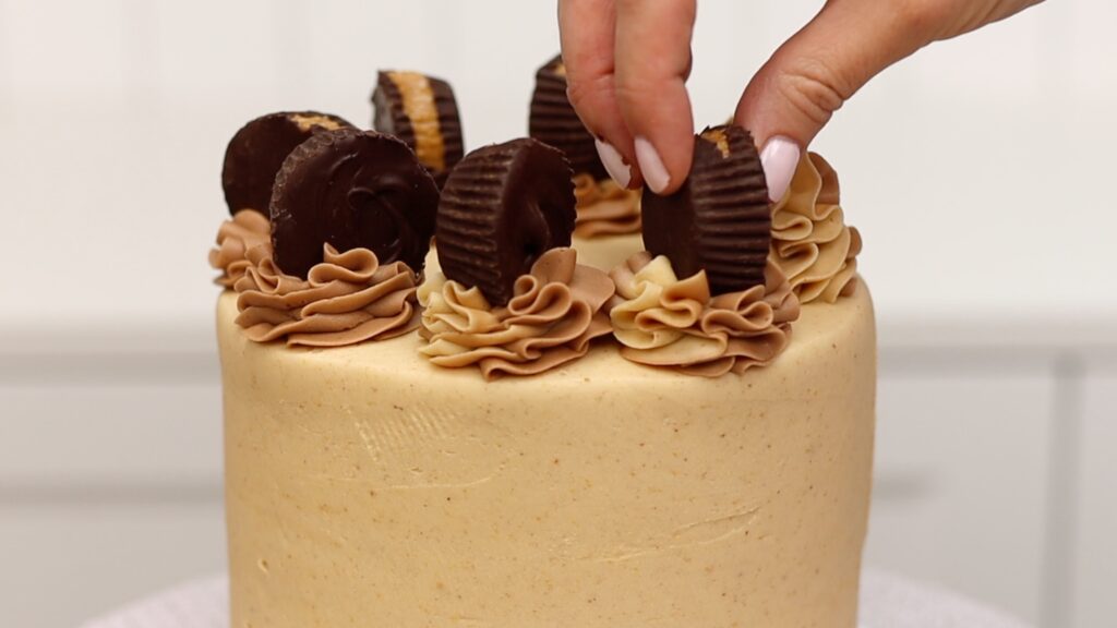 decorate Chocolate Peanut Butter Cake with homemade peanut butter cups | British Girl Bakes