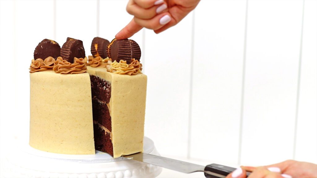 slicing Chocolate Peanut Butter Cake | British Girl Bakes