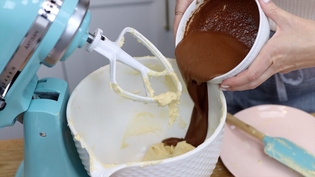 add cocoa powder to make chocolate cake batter for marble cake