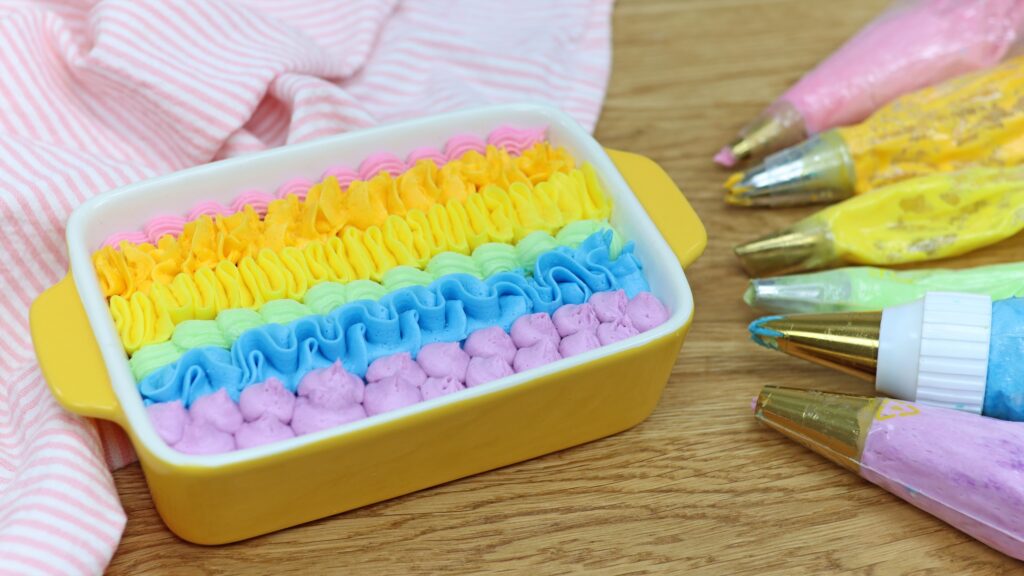 easy rainbow cake in baking dish