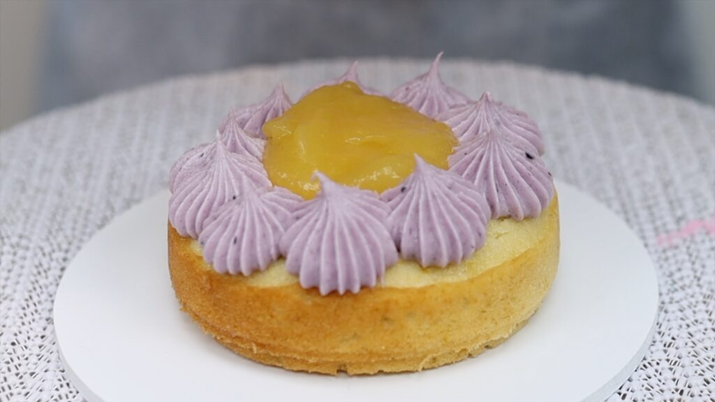 lemon cake with blueberry buttercream and lemon curd filling