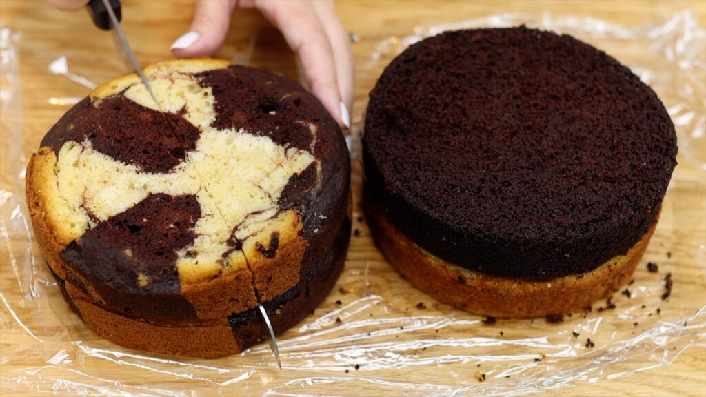 cut cake layers in half to make a half and half cake