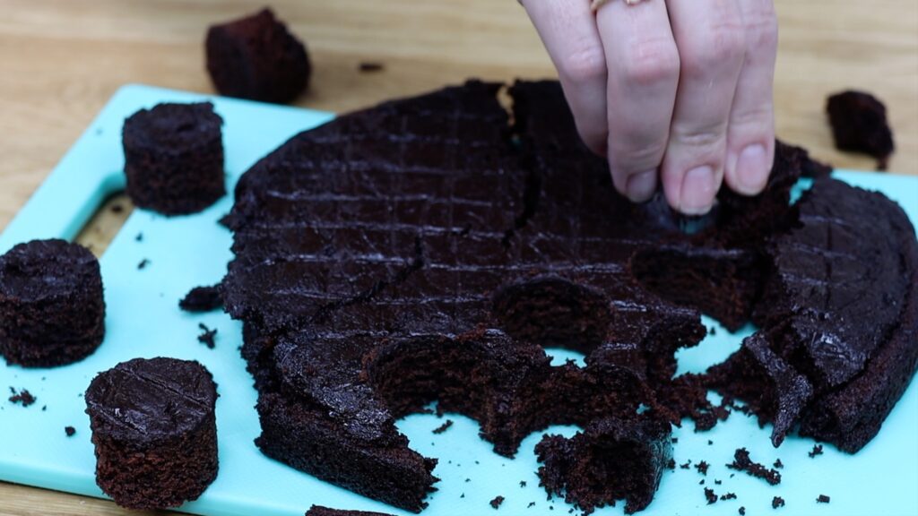 cut cake layers with a cookie cutter or shot glass