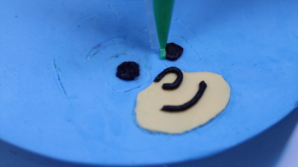 piping character details onto a cake with buttercream frosting