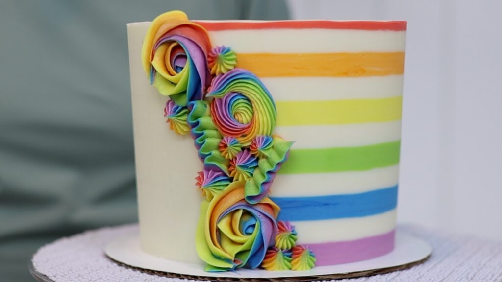 Rainbow Half Stripe Cake with piping