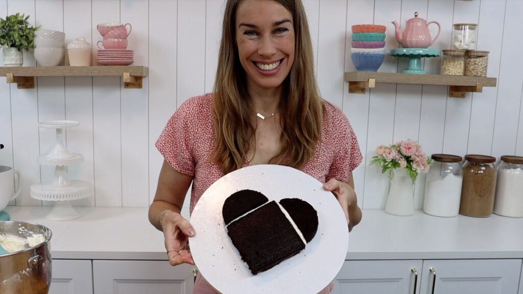 attach square and round cakes to make a heart cake