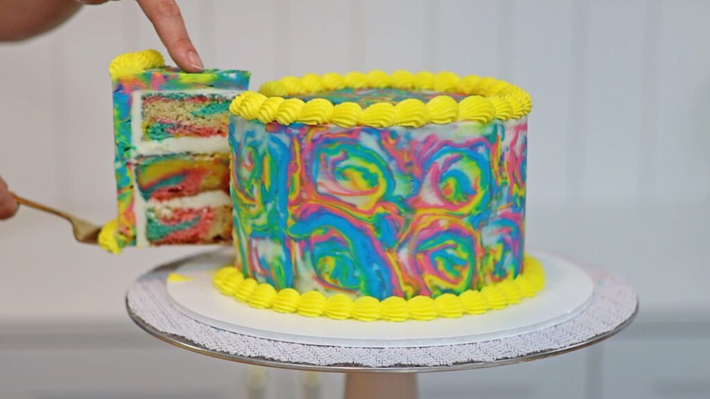 serving a tie die cake