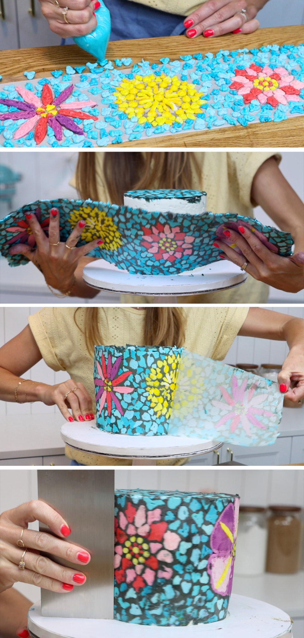 how to wrap a cake in a buttercream transfer design