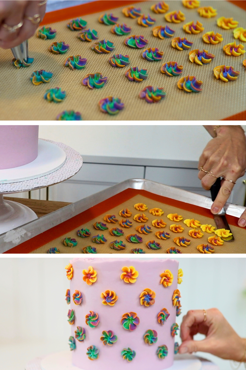 pipe flowers and put them in the freezer before decorating a cake with them