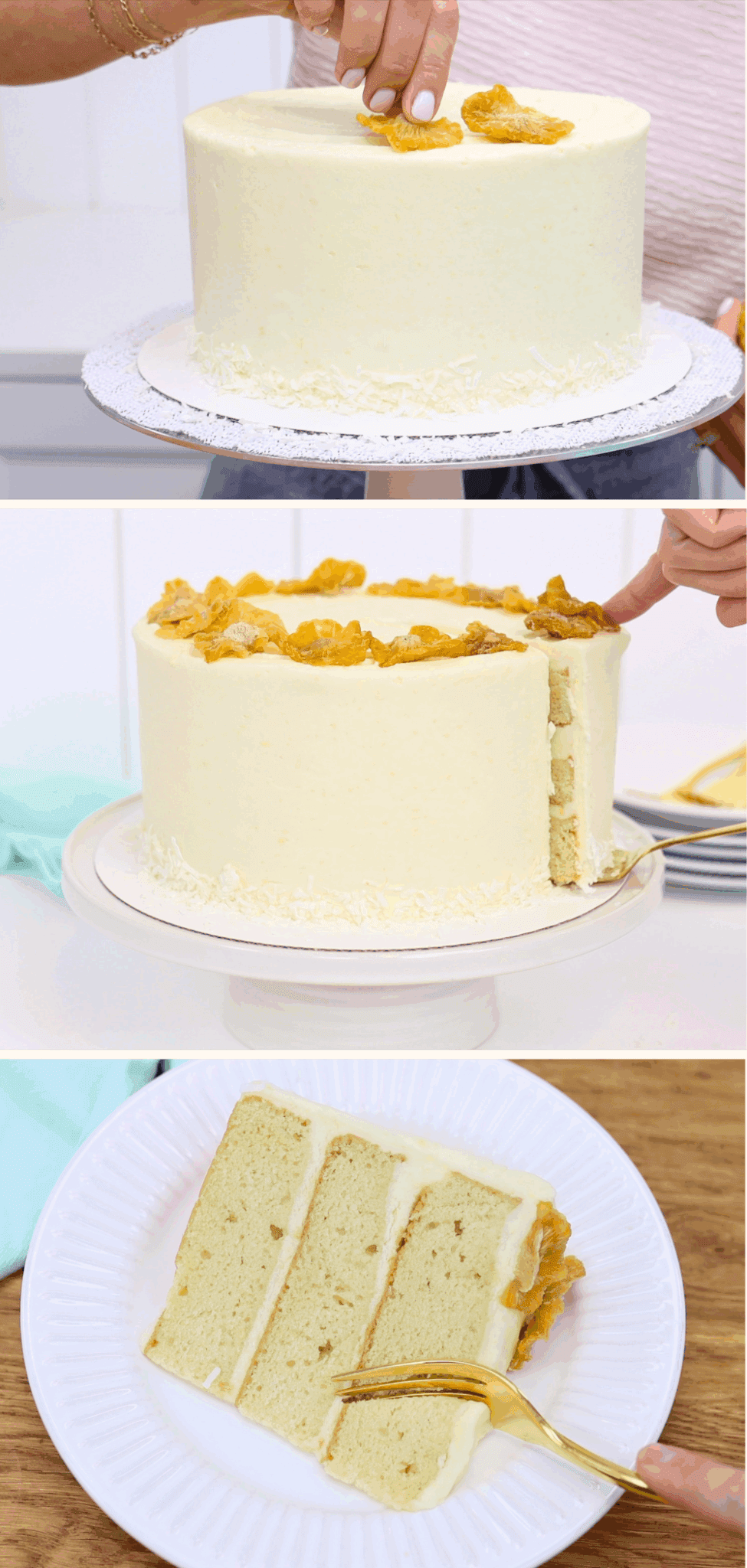 how to decorate a pina colada cake with coconut shavings or shredded coconut and dried pineapple slices