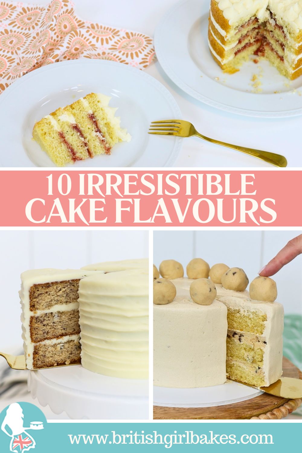 Cake collage featuring jam-filled vanilla cake, piña colada cake, and banana cream cheese cake
