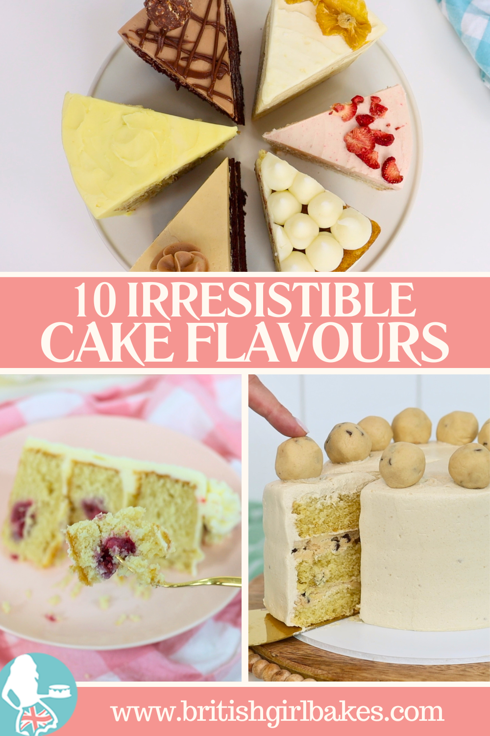 Seven cakes from my blog post on 10 cake flavour combinations, shown decorated and ready to serve