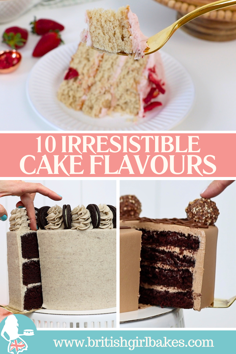 Collage of different cakes including strawberry, oreo chocolate and Nutella
