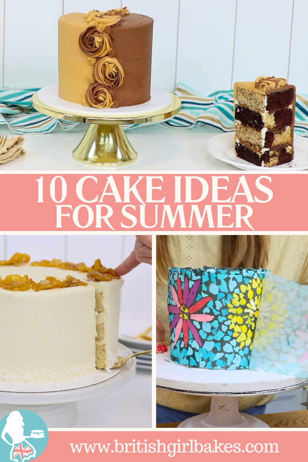 10 summer cake designs including half and half cakes, beachy cocktail-inspired flavours, and colourful mosaic designs
