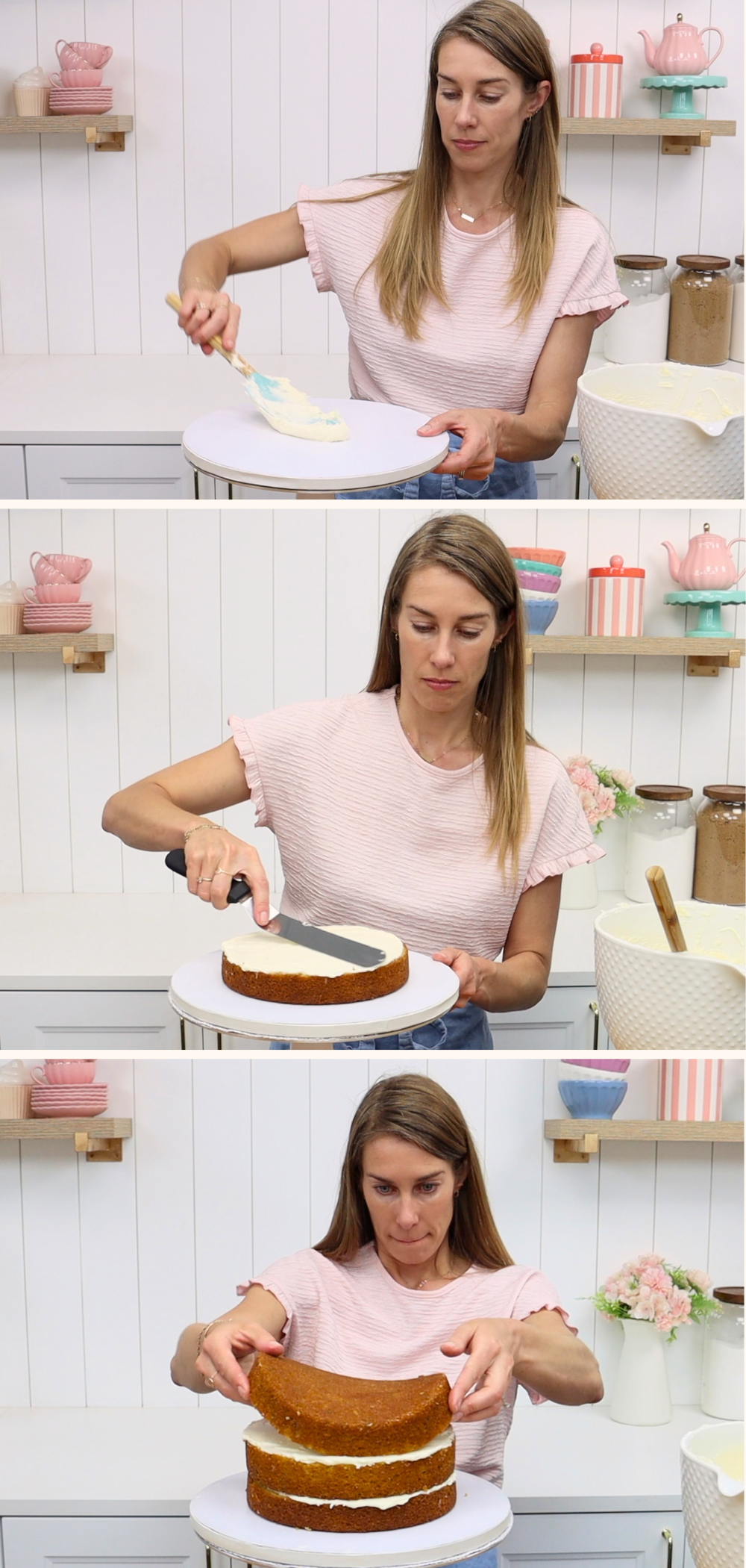 Crumb coating an easy graduation cake with buttercream using a cake comb and offset spatula to smooth and level the surface