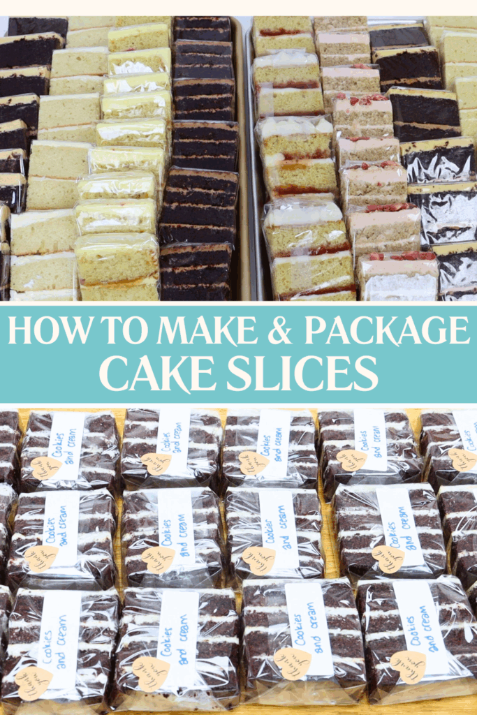 Wrapped rectangular cake slices in various flavours, displayed on a tray with visible layers of cake, filling, and frosting, each wrapped in cellophane and sealed with a flavour label.
