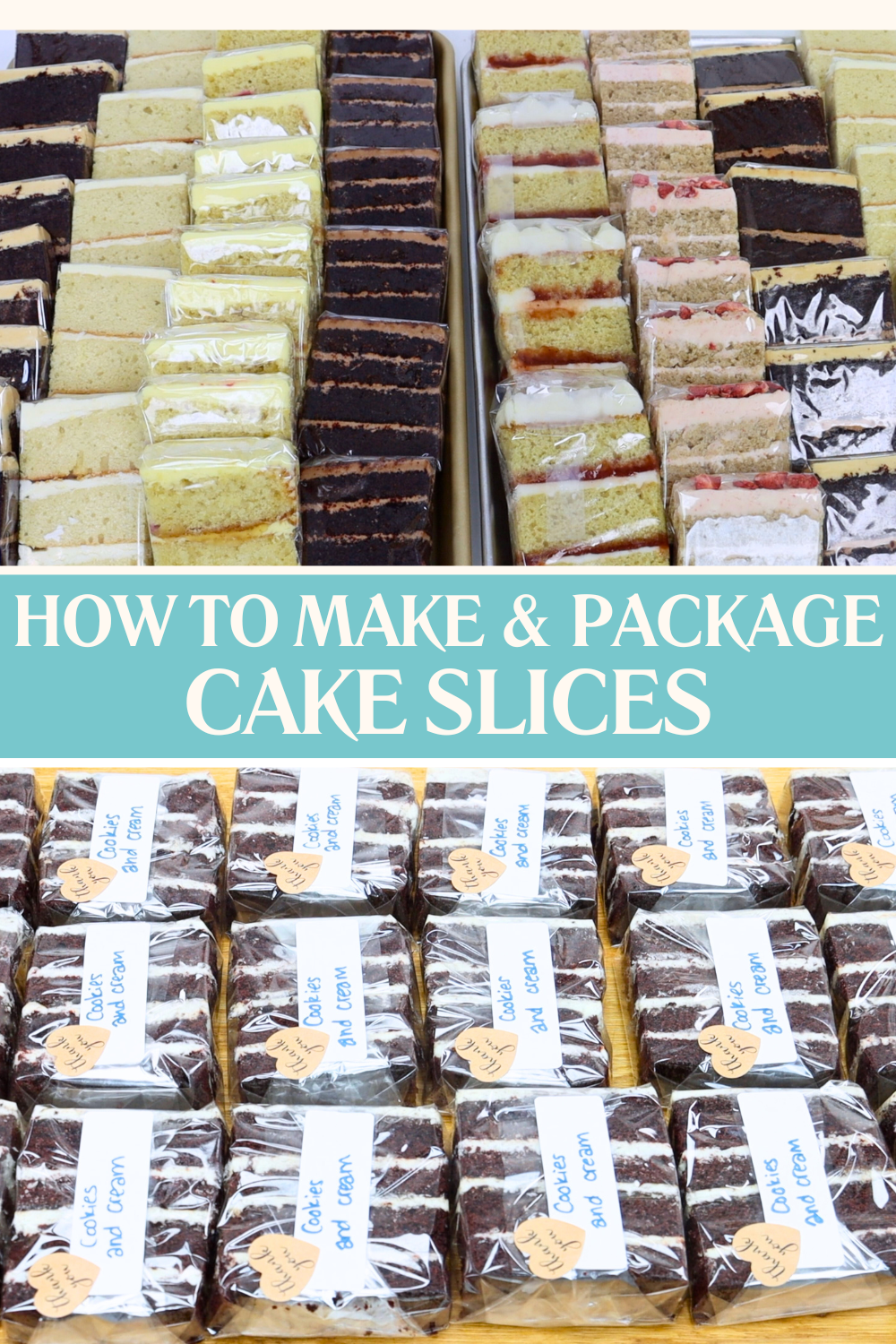 Wrapped rectangular cake slices in various flavours, displayed on a tray with visible layers of cake, filling, and frosting, each wrapped in cellophane and sealed with a flavour label.