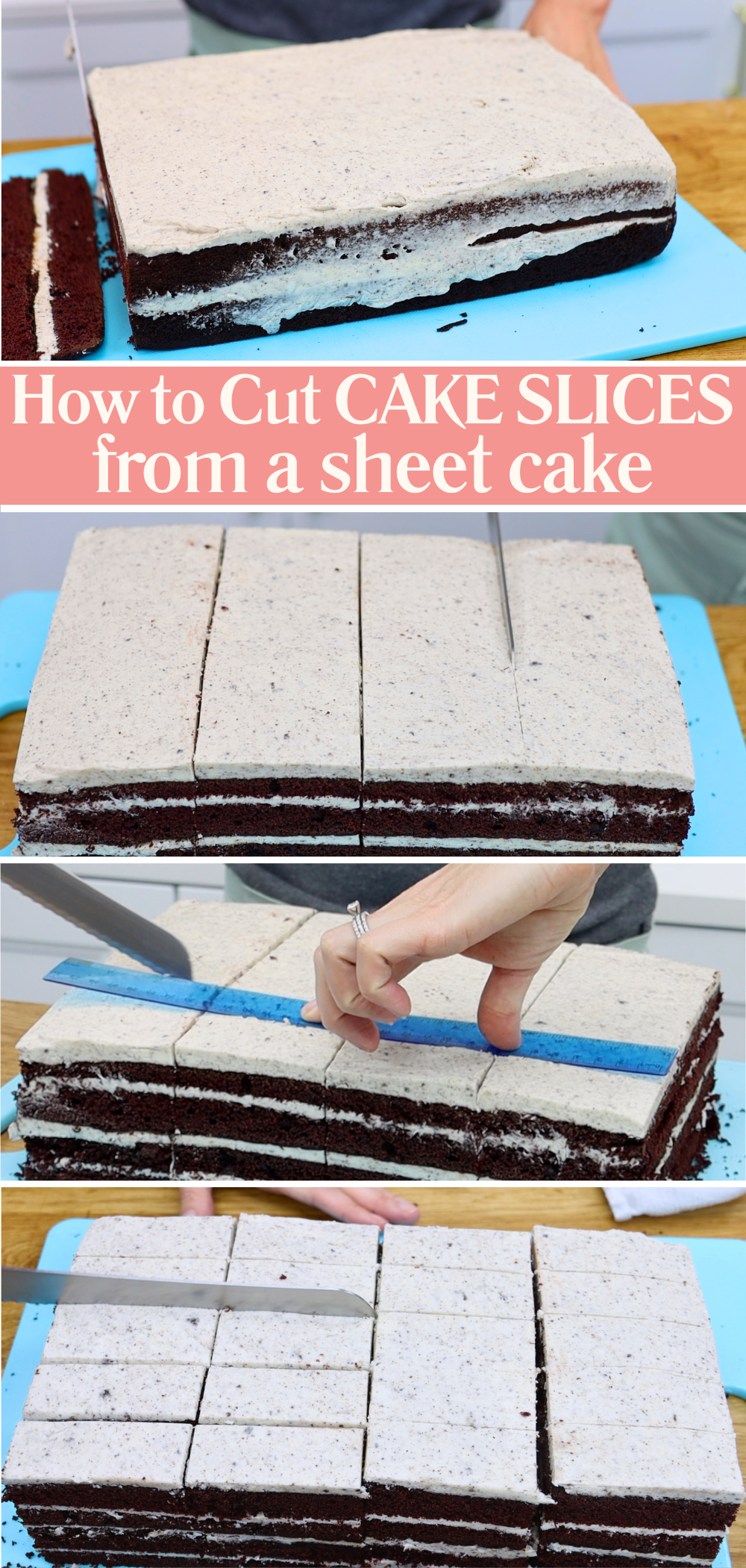 How to cut a layered sheet cake into rectangular slices using a serrated knife, with score marks in the frosting for clean and even portions