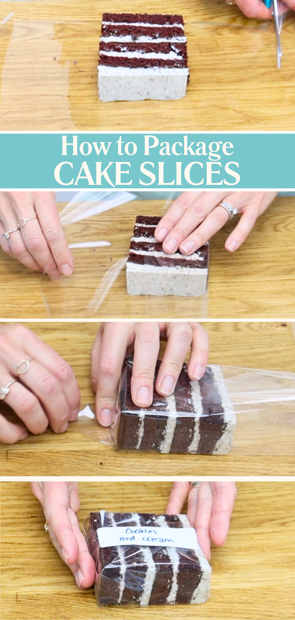 How to wrap rectangular cake slices in cellophane, showing cake placed on cut cellophane, being wrapped like a gift and sealed with a flavour label.