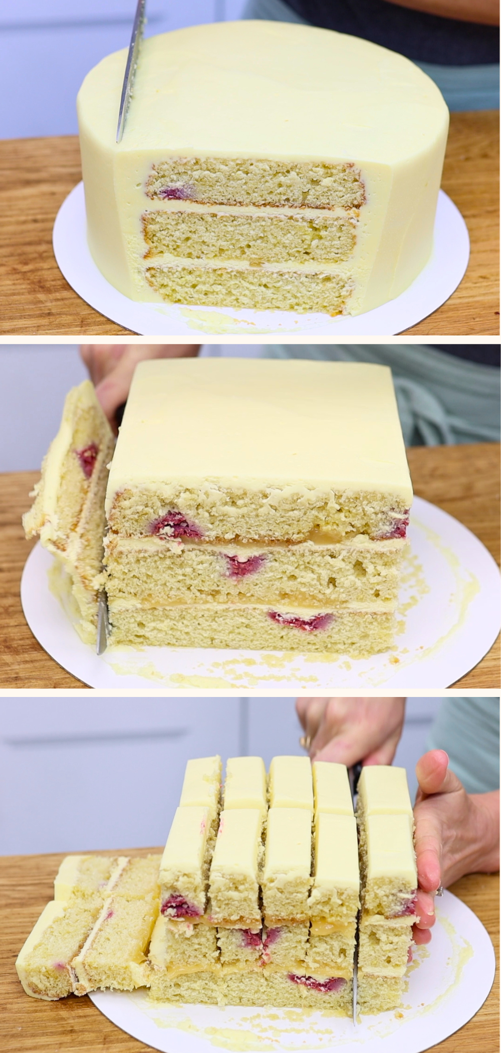 How to cut a round cake into a square block by trimming off the frosted edges, then slicing into rectangular cake portions.