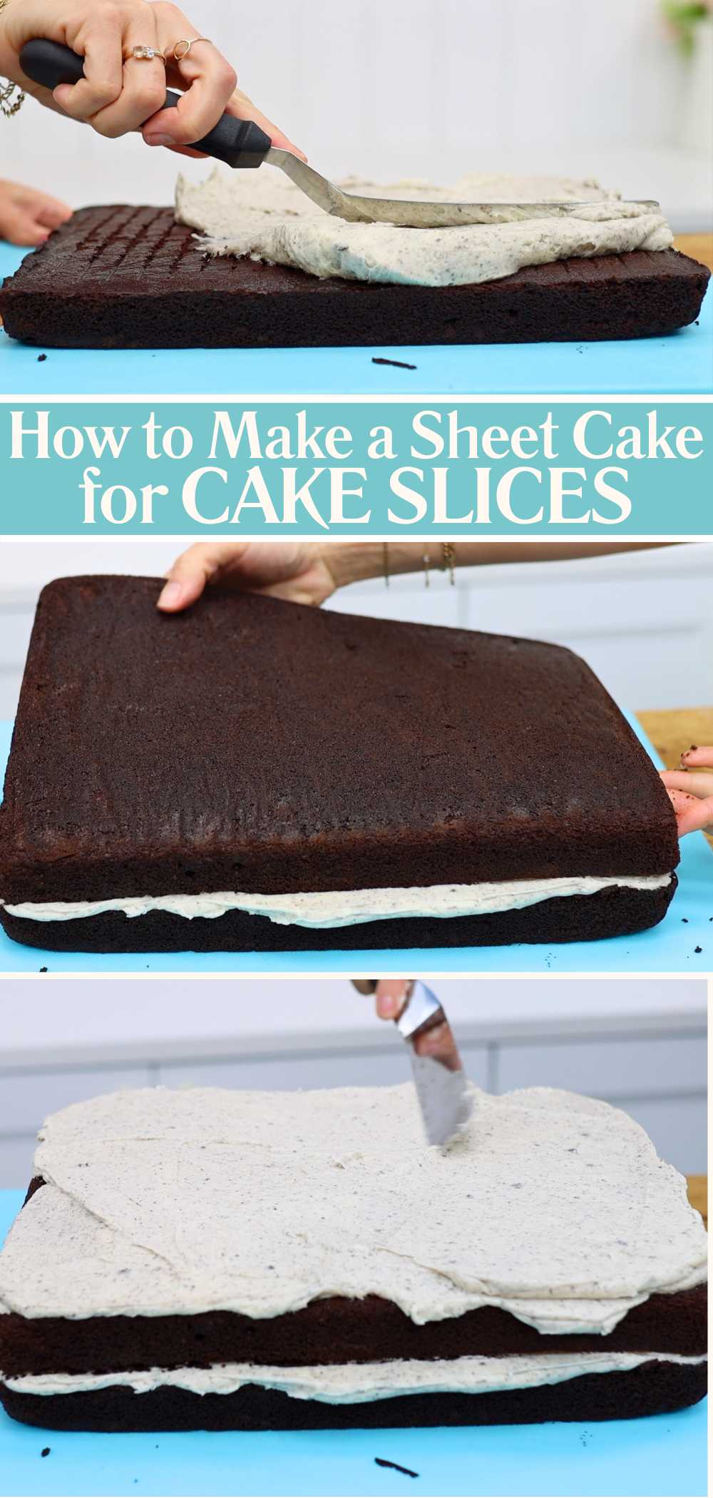 How to assemble a sheet cake for slicing by spreading buttercream on one layer, adding a second cake layer on top, and finishing with a top layer of frosting.