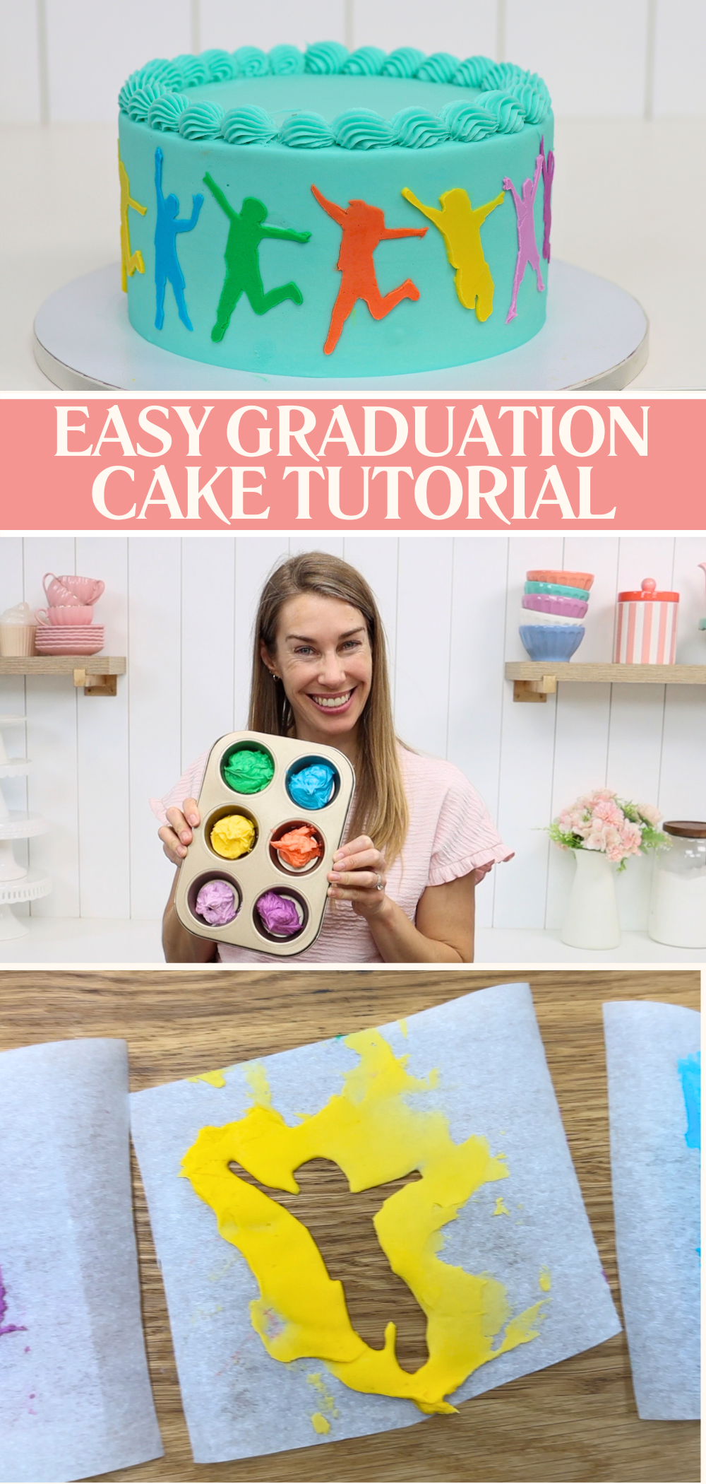 Making DIY parchment paper cake stencils by tracing printed images and cutting them out to use on buttercream cakes like an easy graduation cake