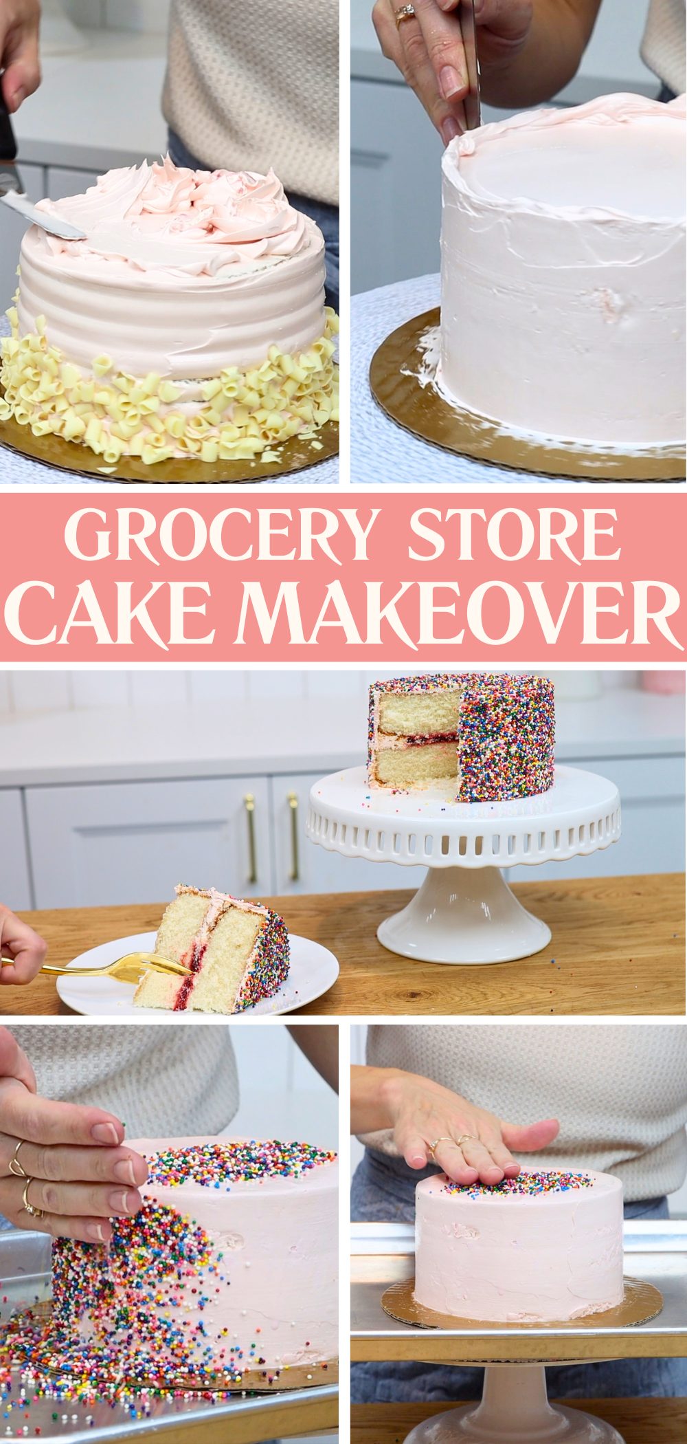 grocery store cake before and after decorating with sprinkles