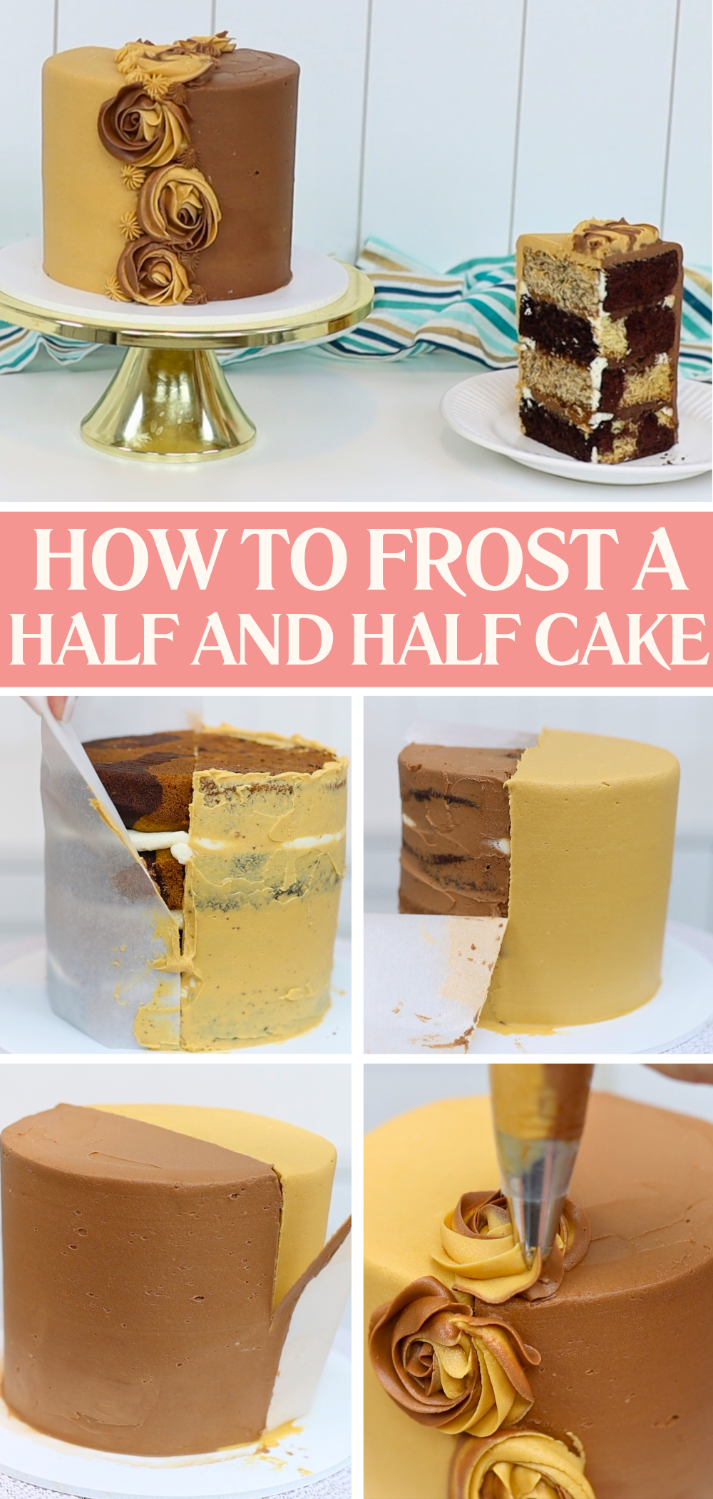 Step-by-step frosting of a half-and-half cake, using parchment to divide two flavours of buttercream