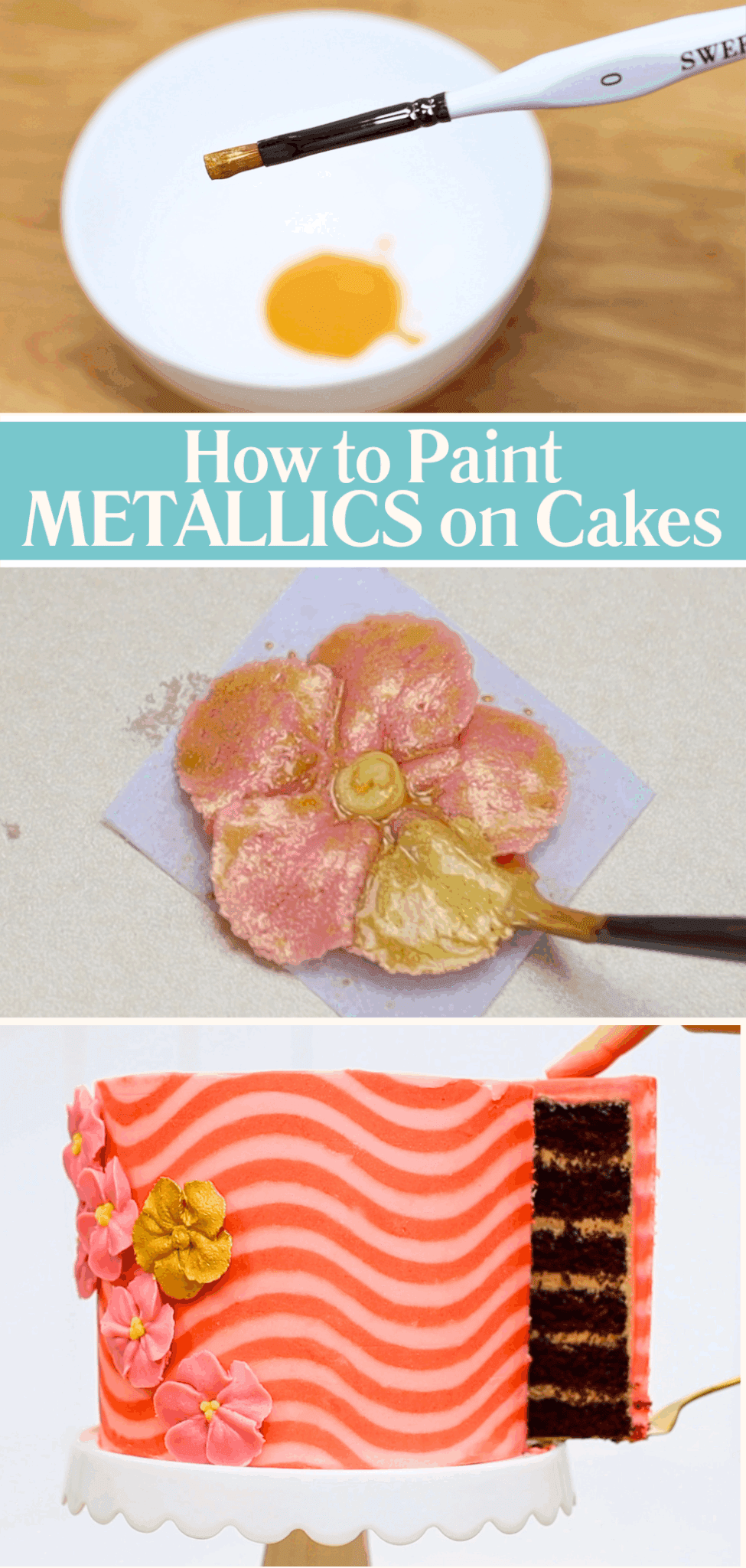 Painting metallic buttercream accents on a cake with a brush