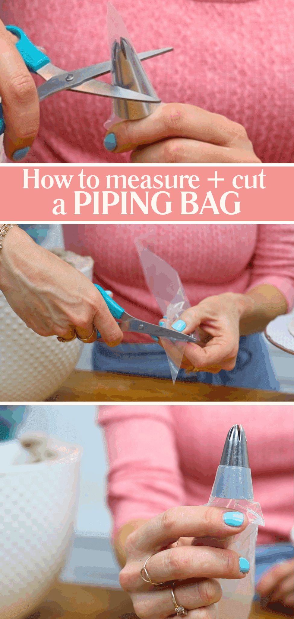 Measuring and cutting a piping bag for cake decorating