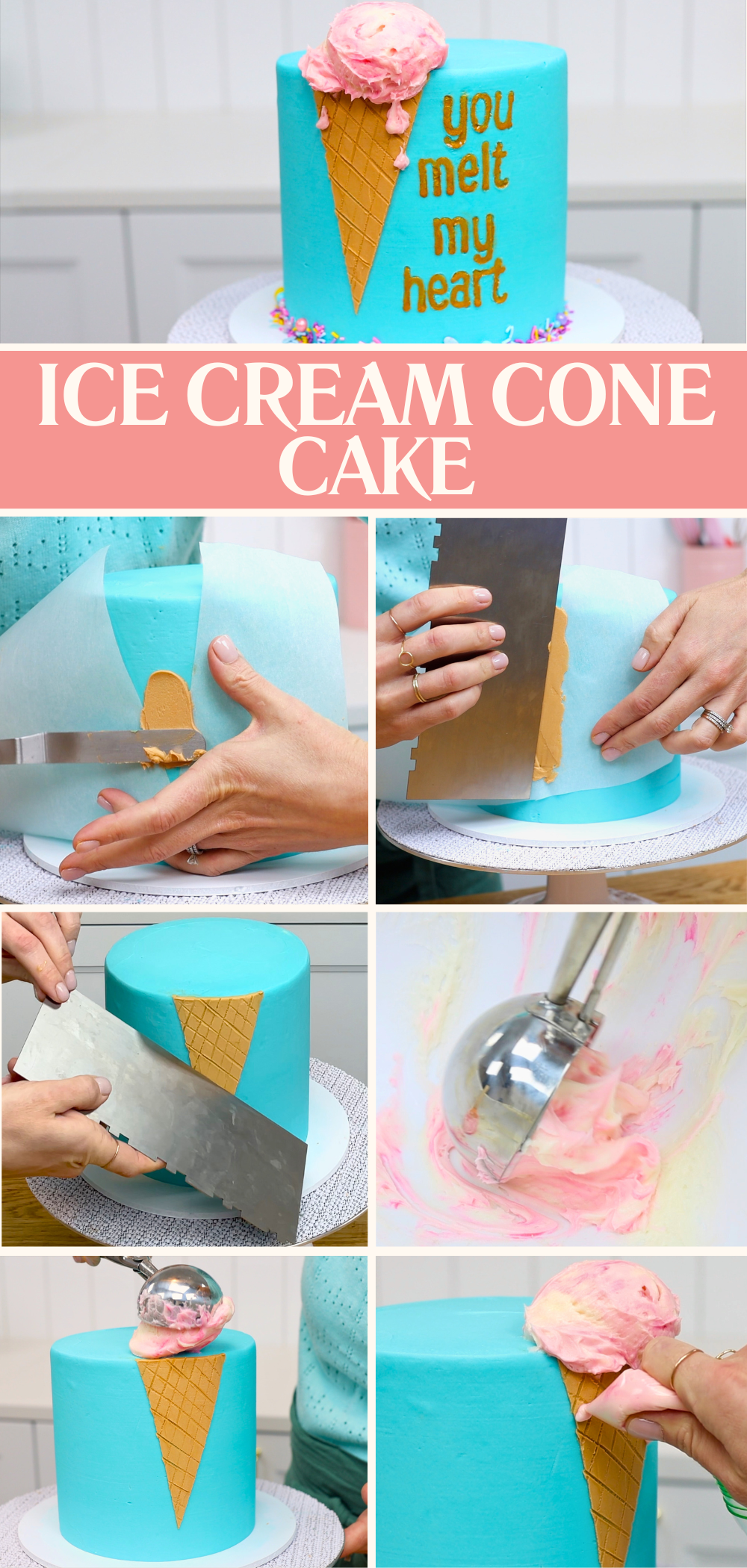 Ice cream cone buttercream cake tutorial showing waffle cone texture and melting scoop design