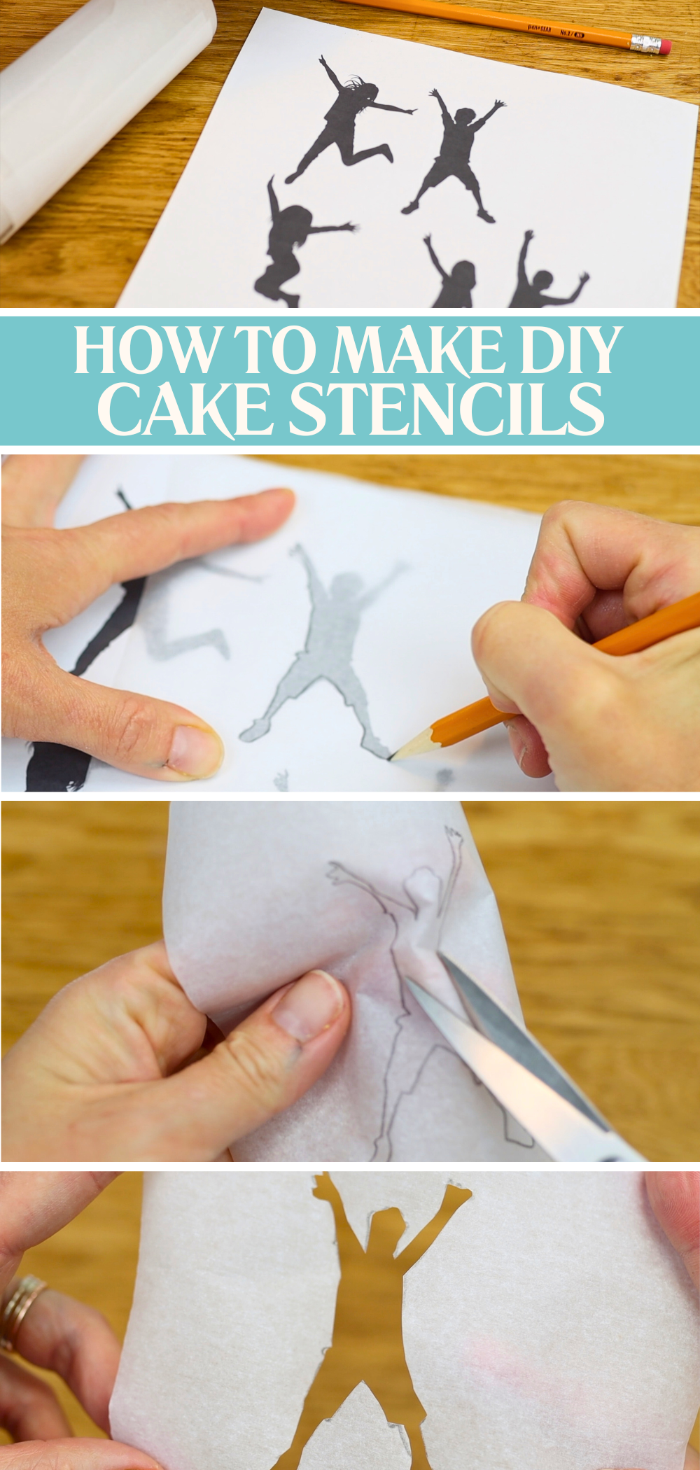 Using DIY parchment stencils to apply coloured buttercream designs to an easy graduation cake, smoothing the buttercream and peeling away the stencil