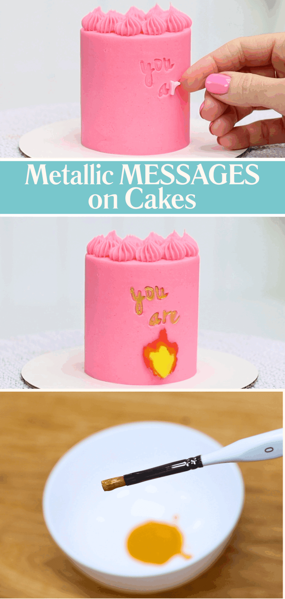 Metallic painted lettering on a cake