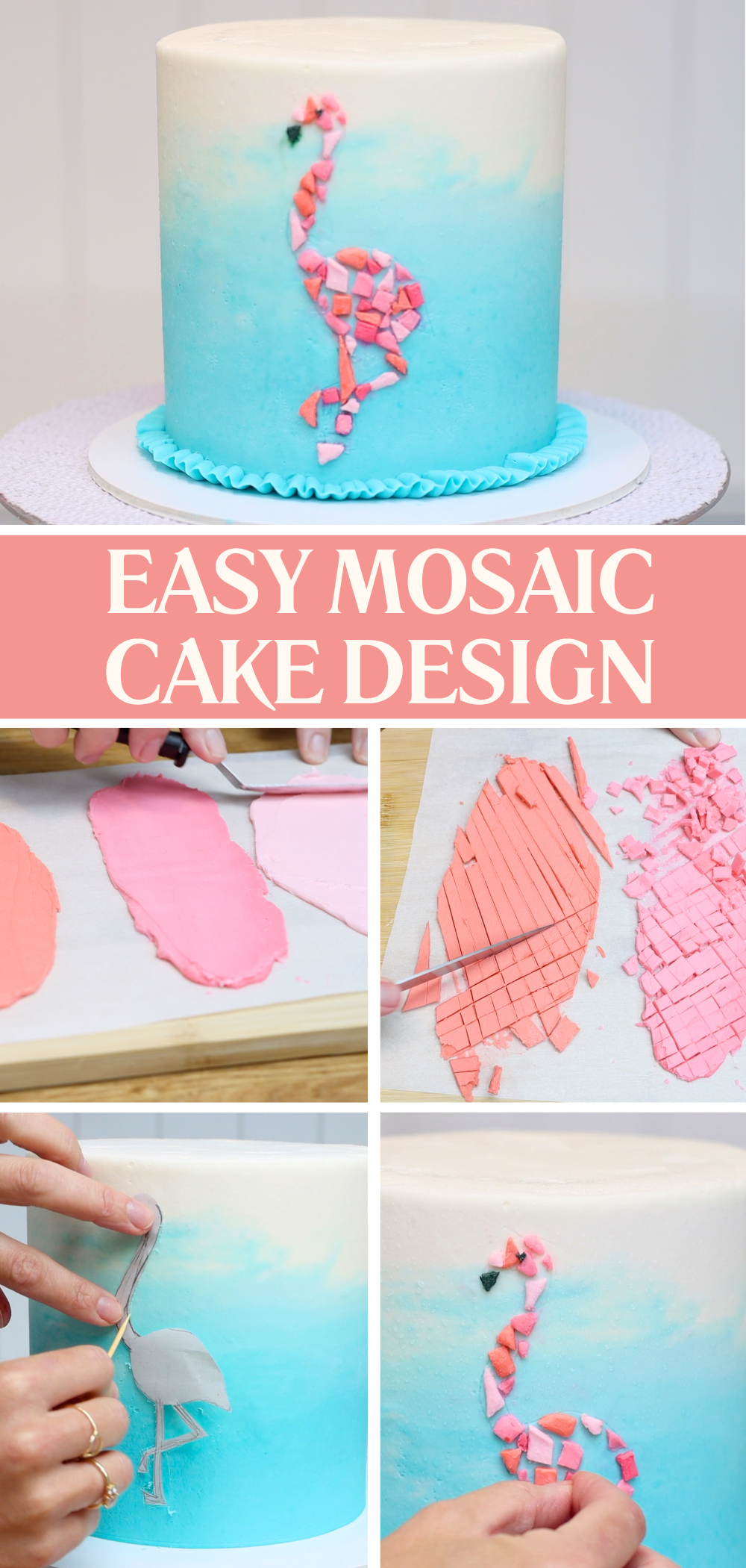 Step-by-step photos of a buttercream flamingo mosaic cake using frozen triangle tiles