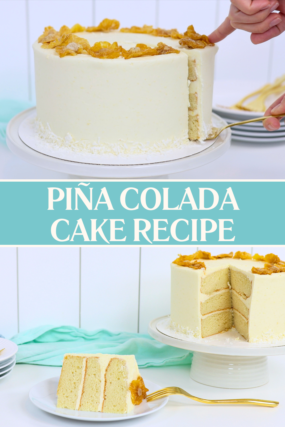 piña colada summer cake made with freeze-dried pineapple and coconut milk, decorated with coconut and dried pineapple
