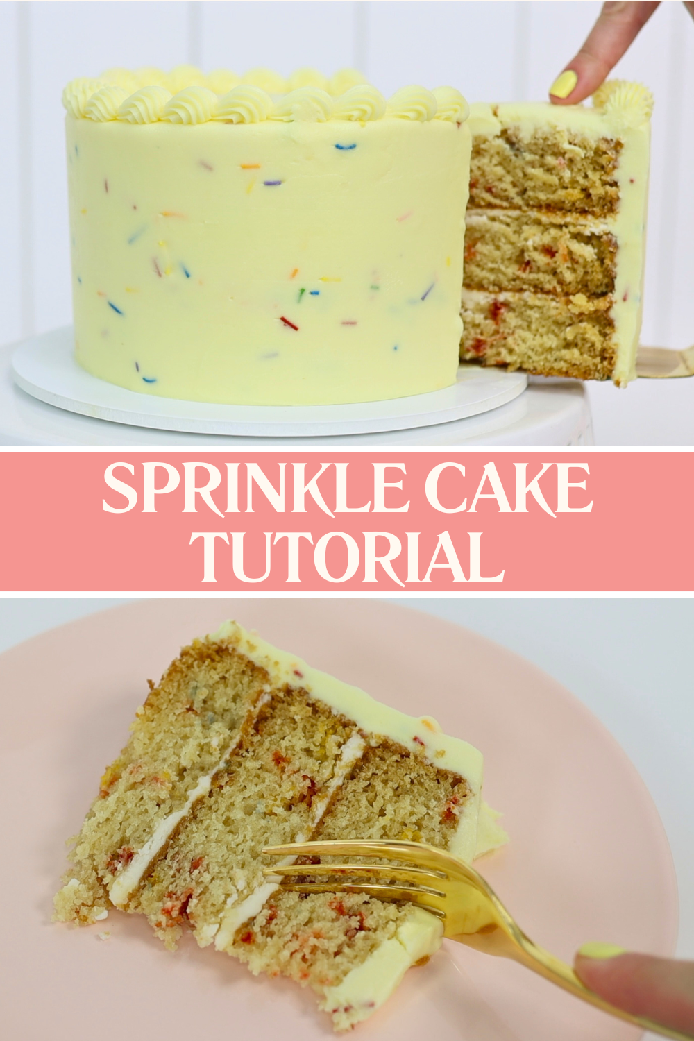 A slice of sprinkle cake showing colourful sprinkles inside both the cake layers and frosting