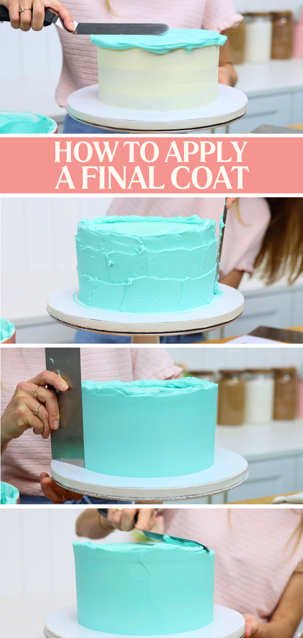 Applying a smooth final coat of buttercream to an easy graduation cake using a metal cake comb and an offset spatula to level the frosting
