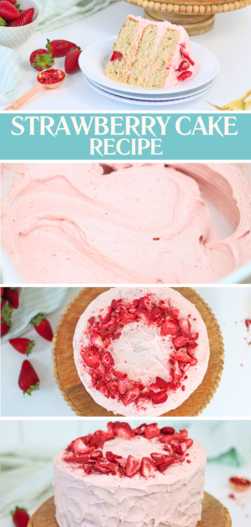 Strawberry buttercream cake made with fresh and freeze-dried strawberries, decorated with freeze dried strawberries on top