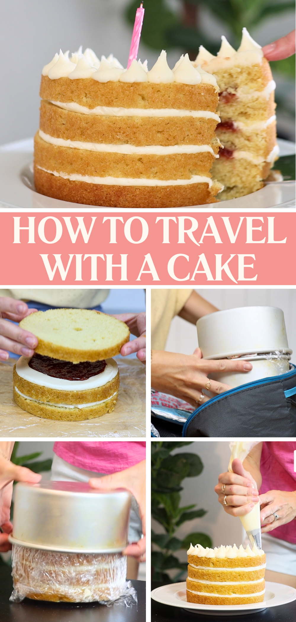 Cake assembled in advance and frozen and then packed inside a cooler to travel and add final touches at the destination