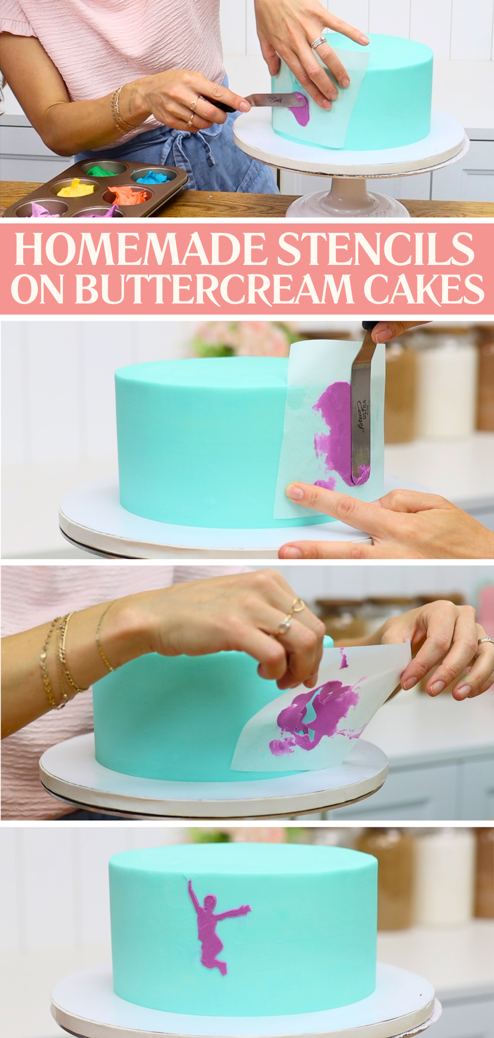 Using DIY parchment stencils to apply coloured buttercream designs to an easy graduation cake, smoothing the buttercream and peeling away the stencil