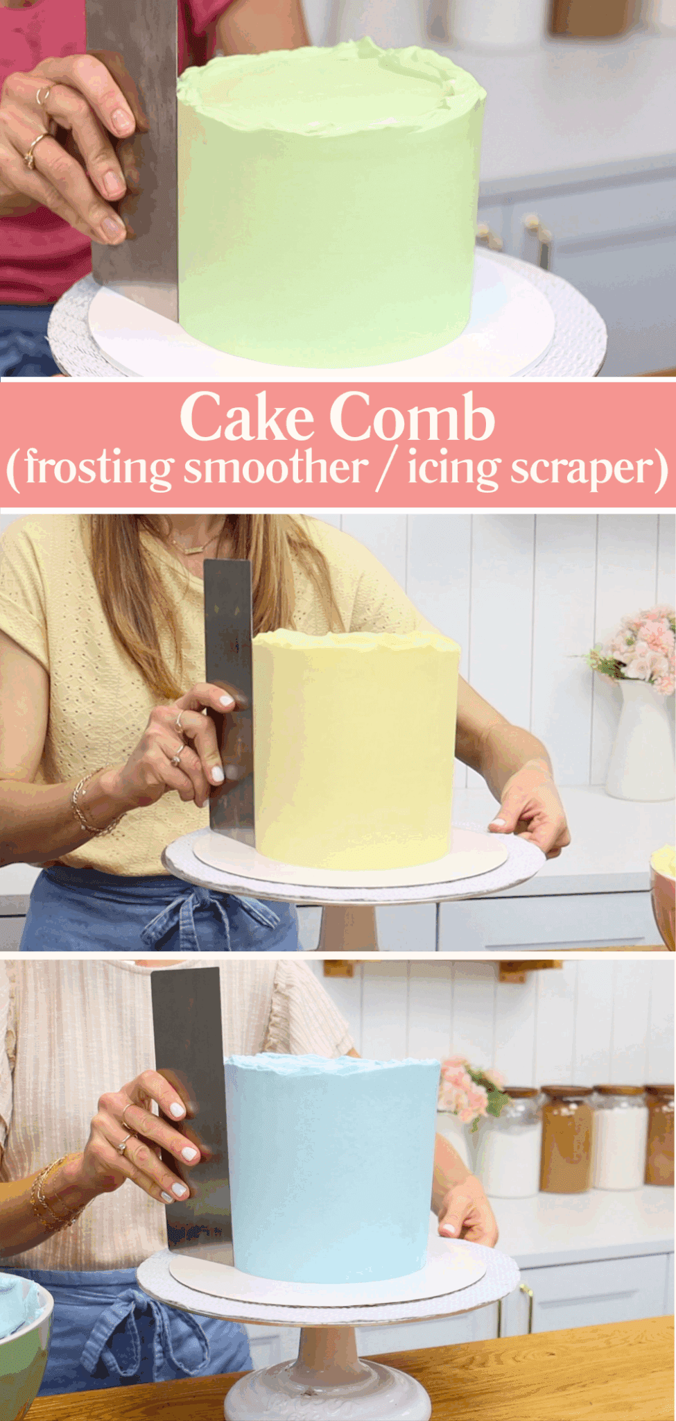 Cake combs and icing smoothers for buttercream cake decorating