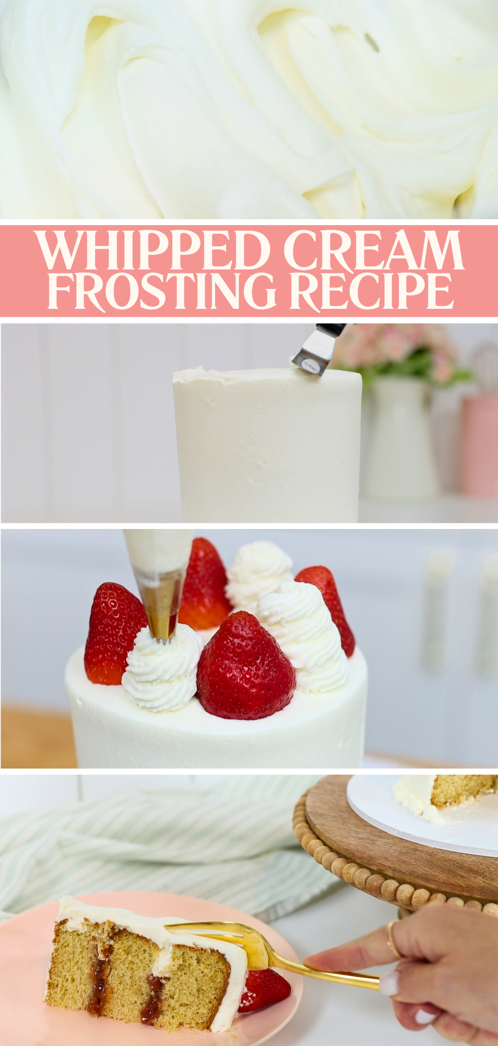 Whipped cream frosting smoothed and piped onto a summer cake