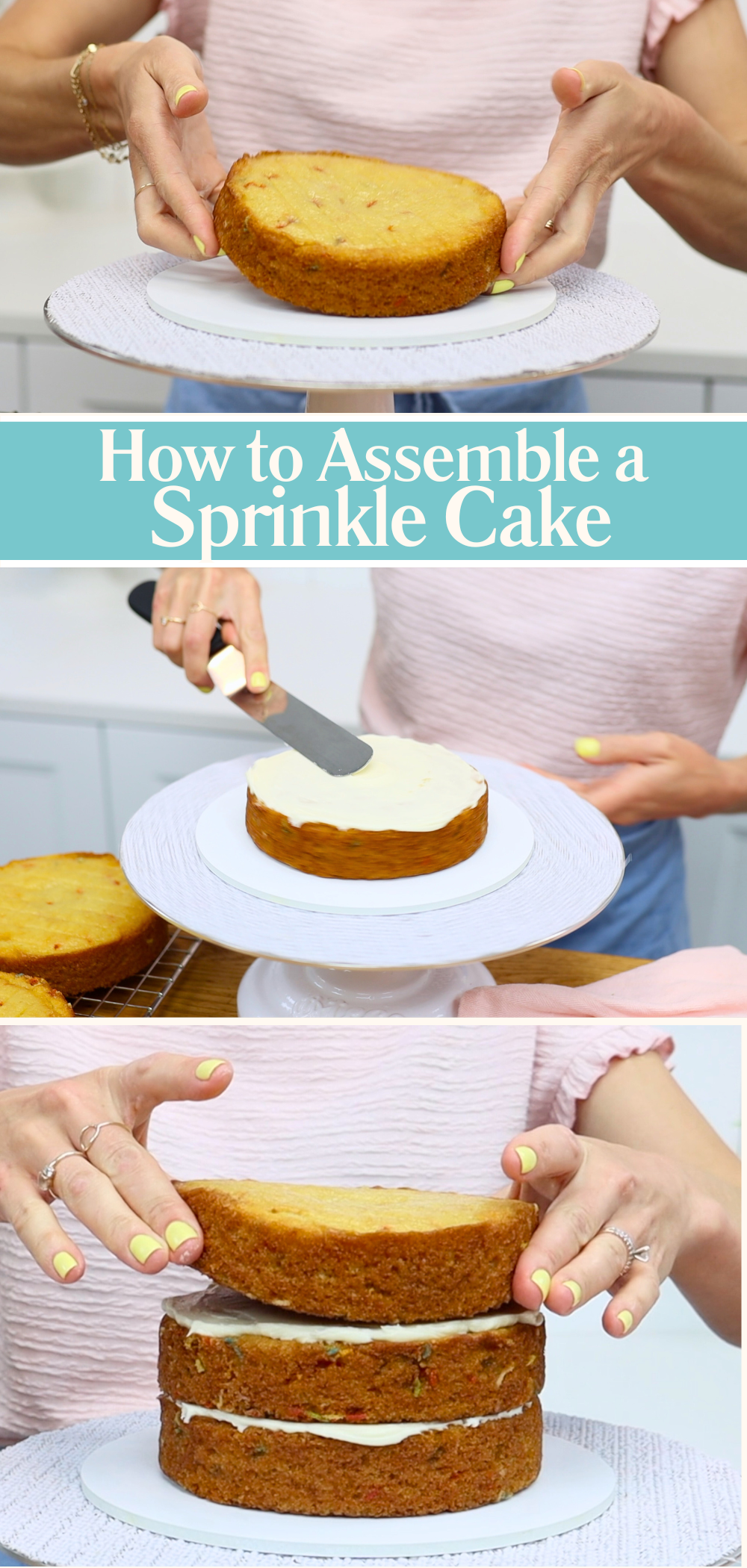 Assembling a sprinkle cake with buttercream filling between each layer