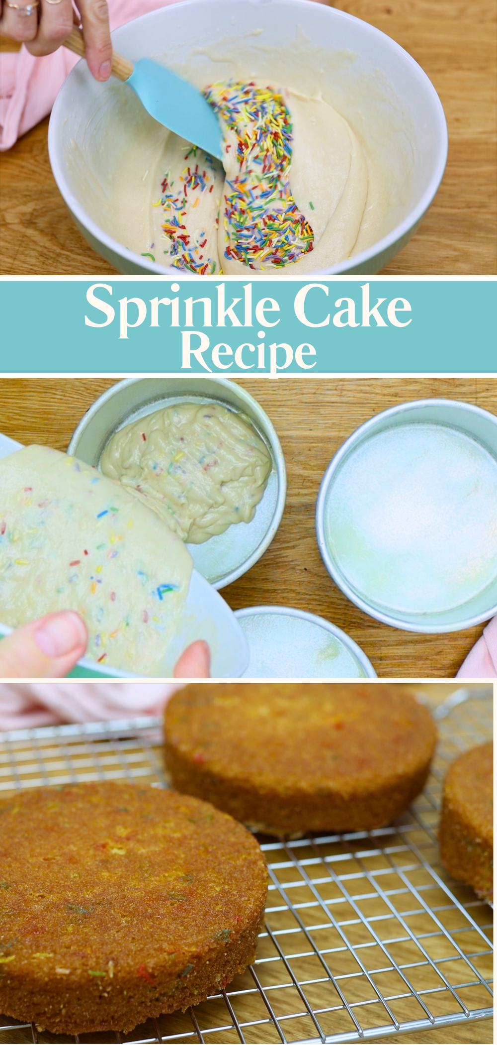 making a sprinkle cake by folding sprinkles into batter, pouring it into pans, and cooling baked cakes on a rack