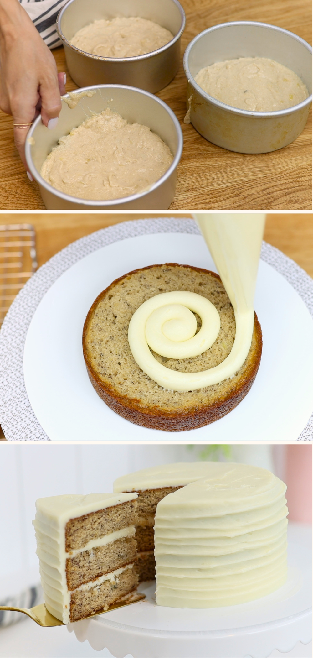 Making a layered banana cake with cream cheese frosting
