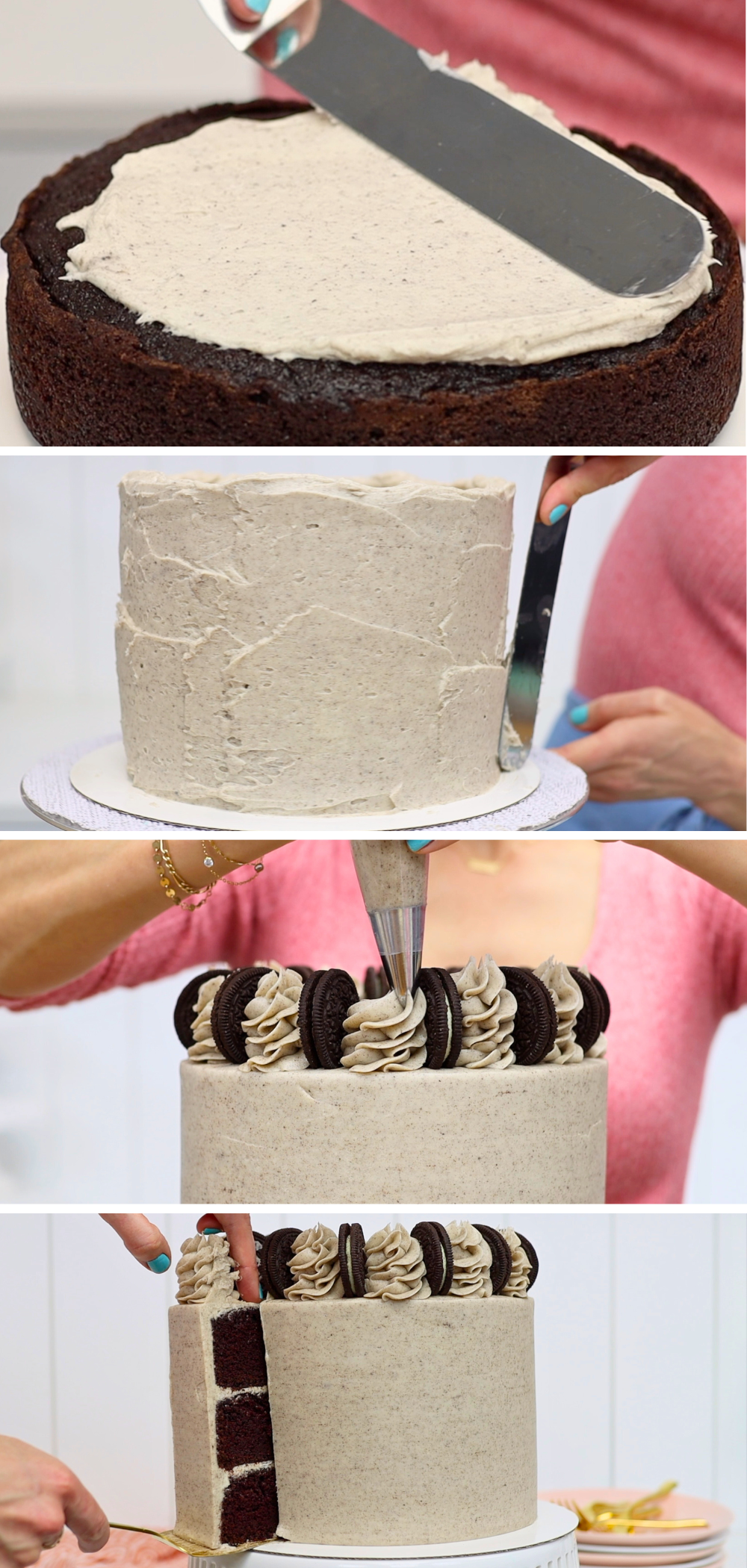 Decorating a cake with chocolate layers and Oreo frosting and slicing to serve the chocolate oreo cake flavour combinations