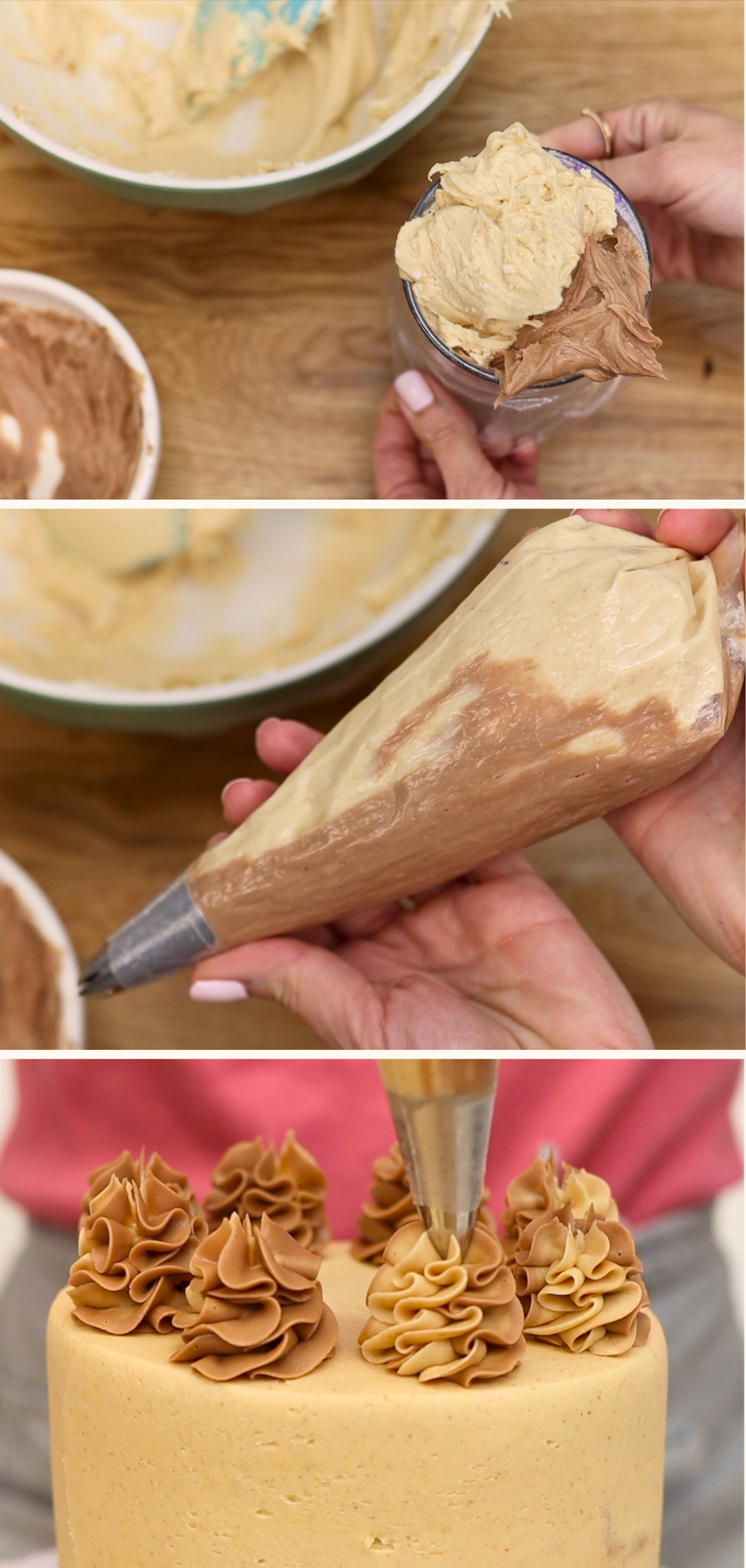 Decorating a peanut butter chocolate cake with two-tone buttercream piped swirls