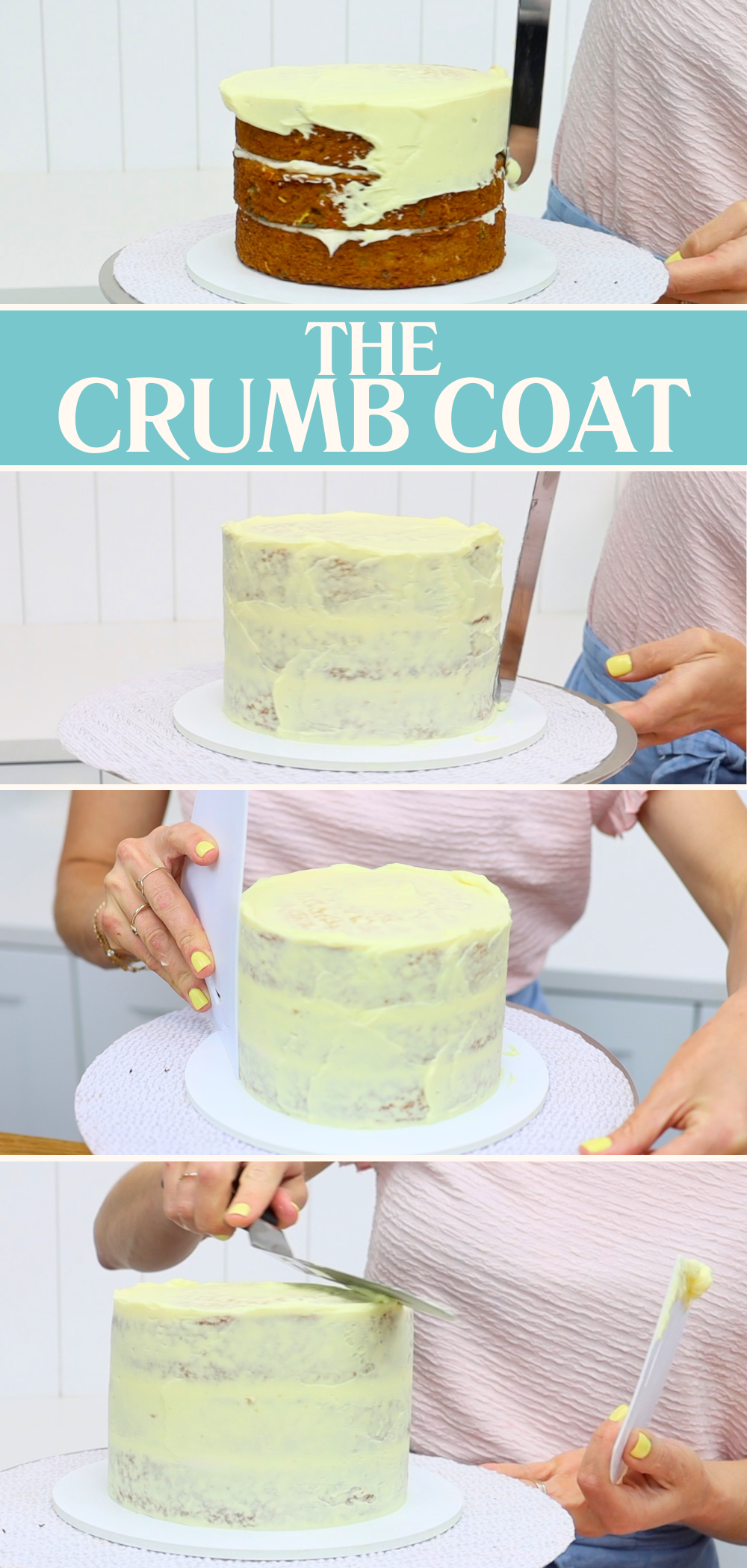 Crumb coating a sprinkle cake with a thin layer of buttercream, smoothing with a cake comb